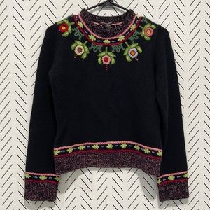 Lucky Brand Black Sweater with Pink, Green & Red Floral Embroidery